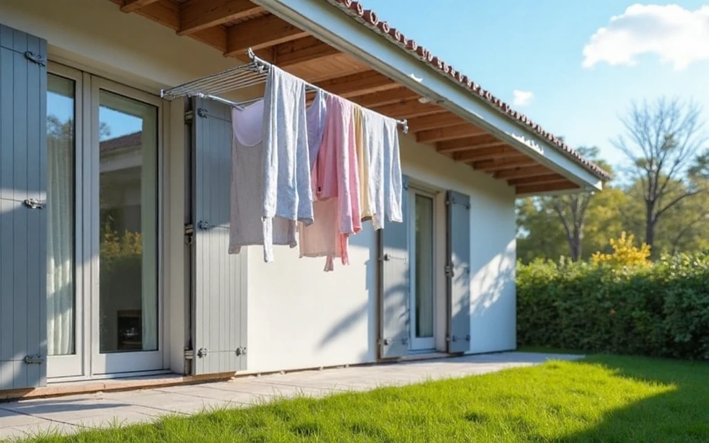 An outdoor scene showing a pulley clothes airer hanging outside, with rain deflectors on the exterior doors and a wind turbine generator kit in the background, illustrating a sustainable and energy-efficient household. (Refined)