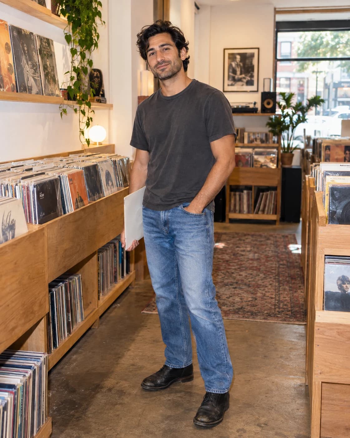 Originalfoto eines Mannes in einem anthrazitfarbenen T-Shirt und Jeans in einem Plattenladen