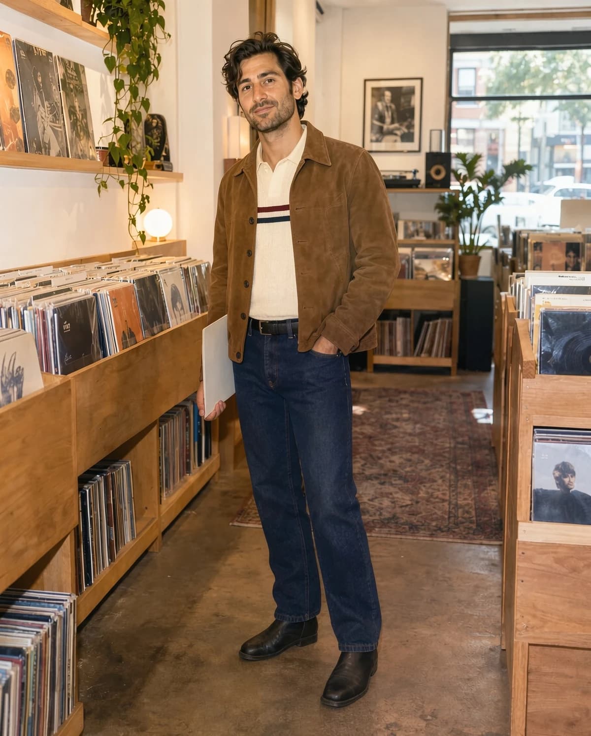AI Outfit-Wechsel, der denselben Mann in einer braunen Wildlederjacke, einem gestreiften Polo und dunklen Jeans zeigt